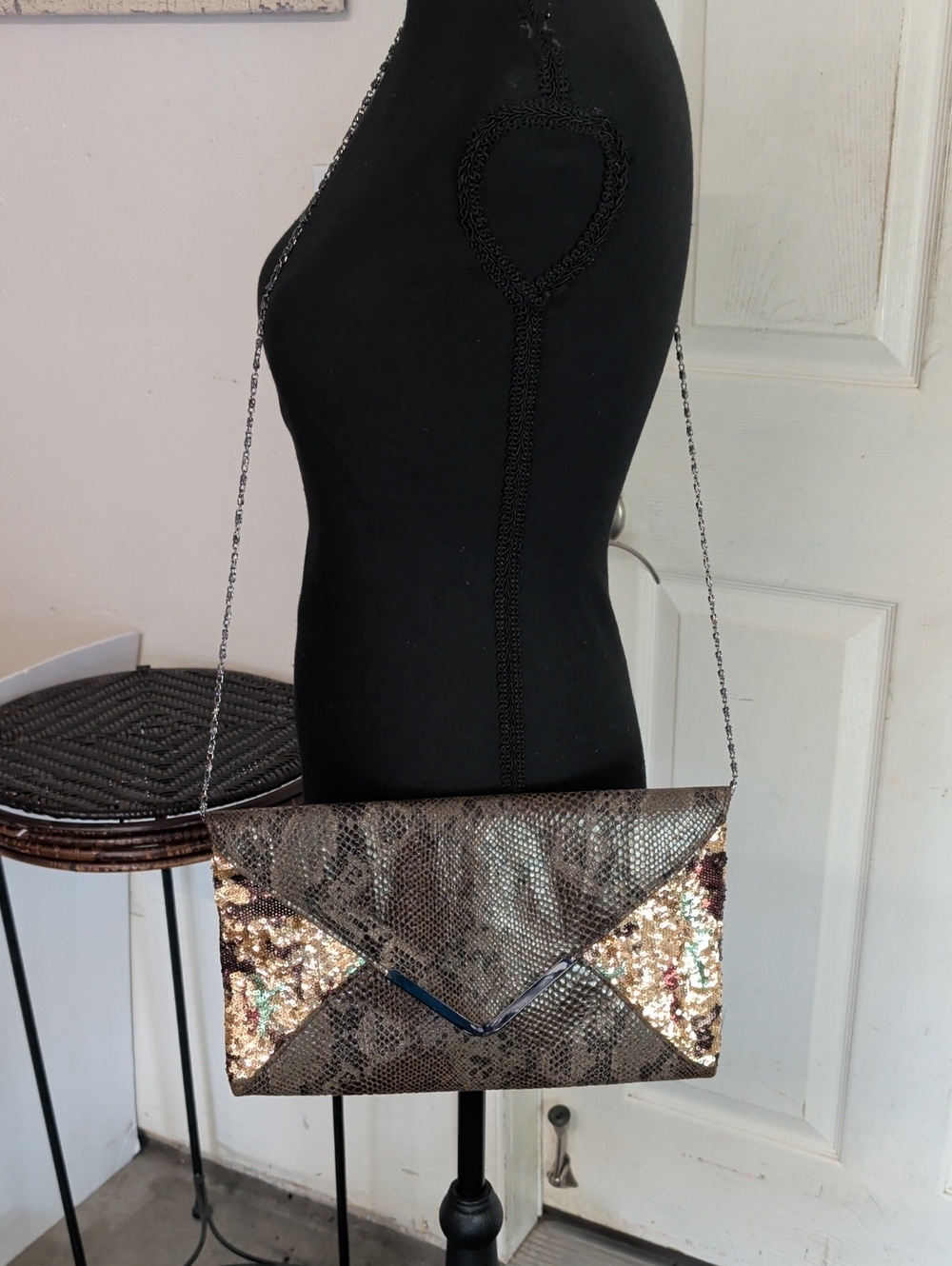 Big Buddha Bag Vegan Envelope Clutch Snake Sequin Brown Gold Chain Strap Bag